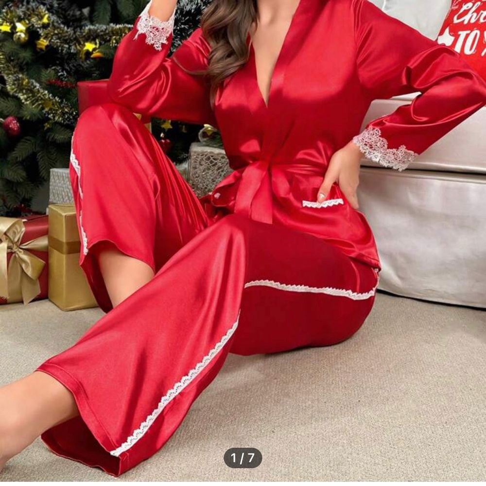 Satin Red woman Pajamas with lace trim S M L XL NEW FREE shipping